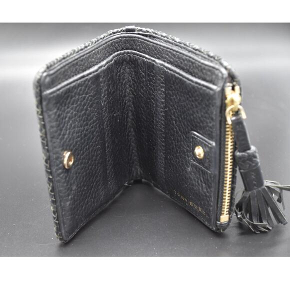 Tory Burch Black Bifold Women's Wallet Tassel Pebbled Leather - Picture 7 of 10